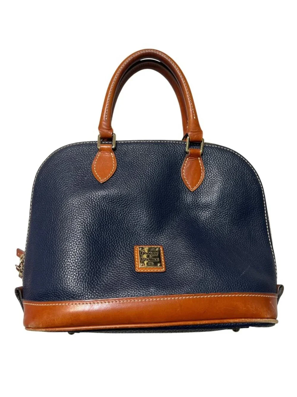 Dooney & Bourke Pebble Grain Zip Zip Satchel Navy Blue Brown Trim 12